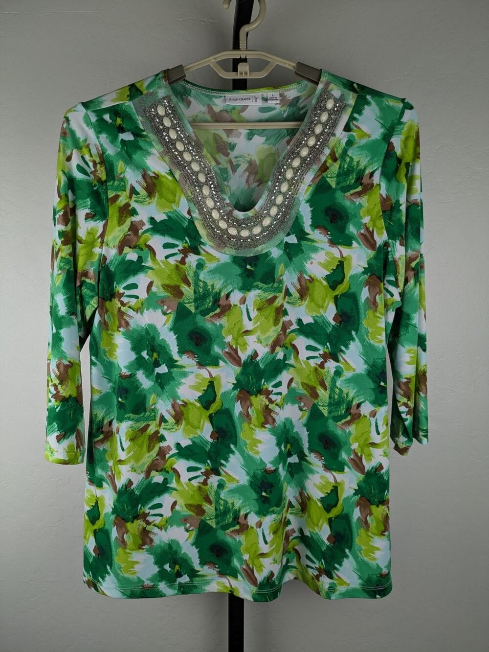 Susan Graver liquid knit tunic top beaded neckline green brown print
